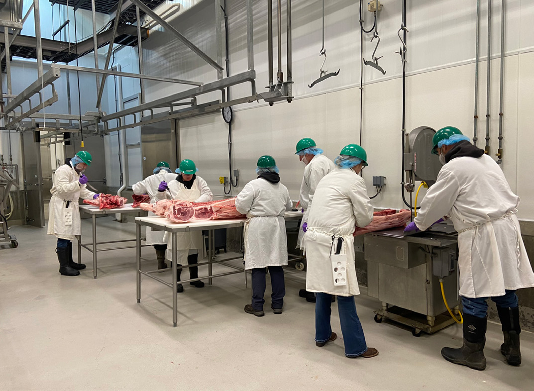 A group of people practicing their knife skills on meat.